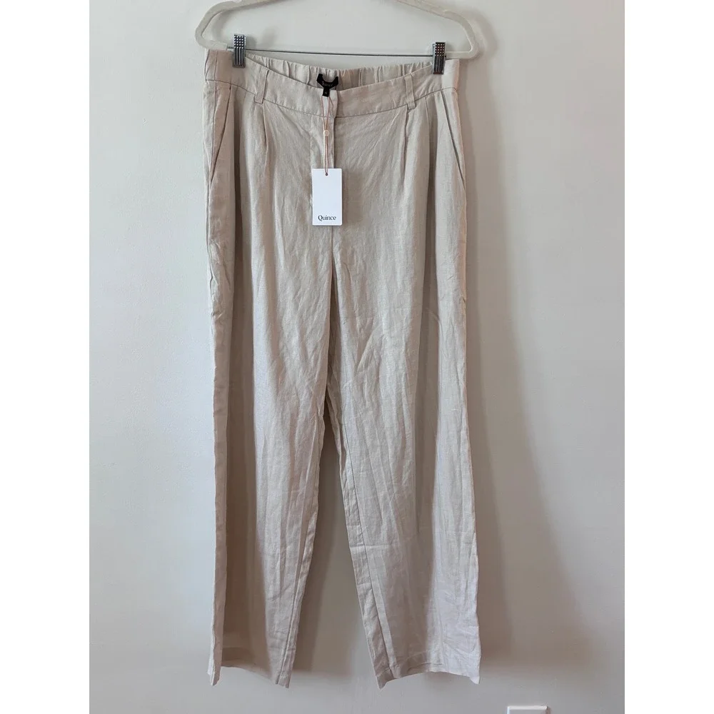 Quince 100% European Linen Pleated Trouser Wide Leg‎ Pants Beige NWT Womens 14